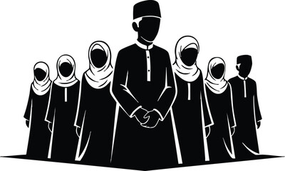 Silhouette vector front view family group with father leader looking forward wearing long robe and children in headscarf arranged in formation high contrast black and white
