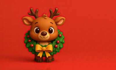 Cute Christmas Reindeer with a Wearing a Wreath on a Red Background with Space for Copy