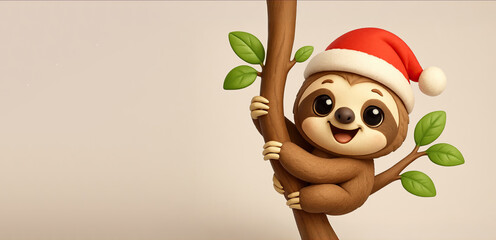 Fototapeta premium Cute Cartoon Christmas Sloth with a Santa Hat Hanging from a Tree with Space for Copy