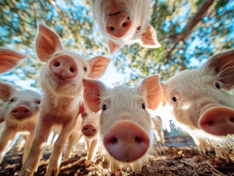 Close-up image of ten pink-white mini pigs clustered together, looking at the camera from a skyphone wallpaper Rustic room with wooden floor and white walls, window in background Natu - AI-Generated