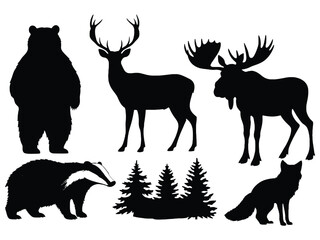 Silhouettes of north american wildlife including bear deer and moose