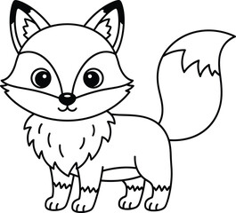 Cute fox cartoon line art illustration with adorable woodland animal character isolated on white background black and white vector drawing