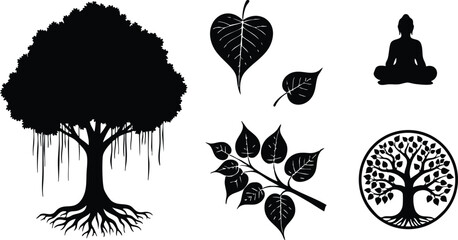 Silhouette vector tree icons set with banyan tree roots heart shaped leaf meditating figure circular tree emblem branch close up black on white minimal flat design