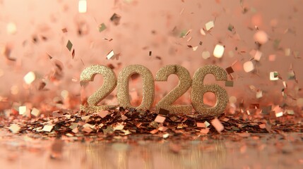 Glittering golden numerals representing the year two thousand twenty six celebrate arrival with falling confetti