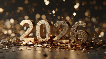 Three dimensional golden numerals representing the year two thousand twenty six rest on a surface covered in metallic confetti.