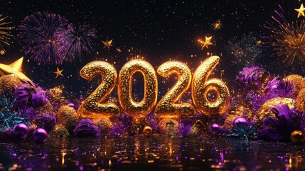 Gleaming golden numerals displaying the year two thousand twenty six rise above a festive ground decorated with sparkling ornamentation against a dark sky illuminated by fireworks.