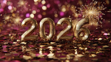 Glistening golden numbers representing the year twenty twenty six illuminate a celebratory scene with scattered confetti and bright sparks