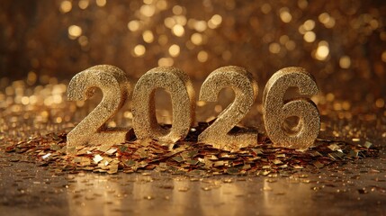 Glittering golden numbers representing the year twenty twenty six rest upon scattered confetti.