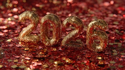 Metallic golden numbers forming the year twenty twenty six rest upon a deep red glittering surface