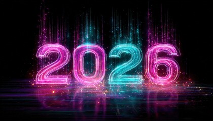 Glowing neon numbers represent the year 2026 emanating vibrant light in a dark digital space