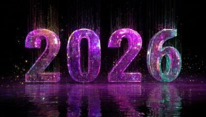 Illuminated crystalline digits display the year two thousand twenty six against a dark background