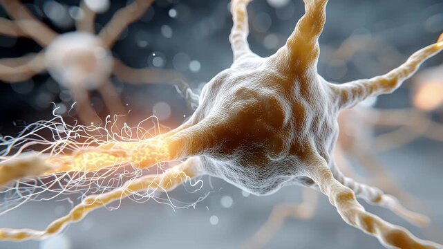 Abstrakte Darstellung einer Nervenzelle mit leuchtender Synapse und Energiefluss