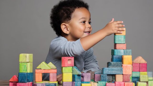 Joyful African American toddler engages in imaginative play with colorful building blocks indoors during afternoon creative time