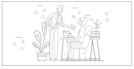 A fun cartoon illustration of a funny woman in a dress and a boy sharing food at a city restaurant street