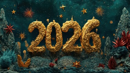 Ornate golden numerals marking the year two thousand twenty six rise from a textured, dark landscape under a starry night sky