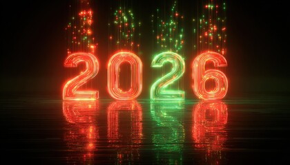 Glowing numerals display the future year with falling light particles above a reflective surface