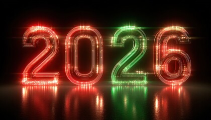Glowing numerals representing the year twenty twenty six illuminate a dark surface