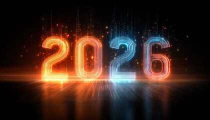 Glowing digital numerals displaying the upcoming year against a dark background illuminate the scene with contrasting colors