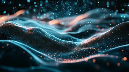 Stunning abstract waves of digital light particles flow across a dark background representing data movement and technology innovation