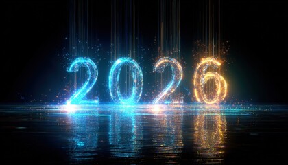Digital light particles form the approaching year two thousand twenty six above a reflective surface