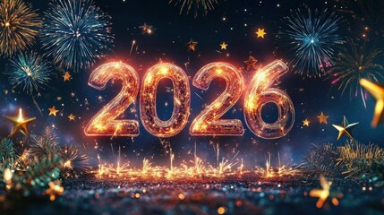 Brilliant year designation glows amidst vibrant celebratory explosions and sparkling decorations