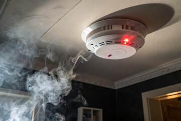 Obraz premium Active smoke detector signaling an urgent fire emergency