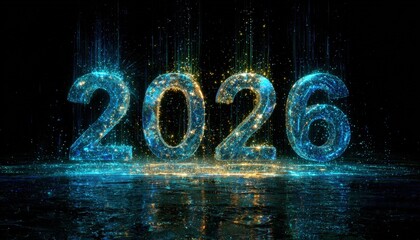 Glowing digital numbers representing the year twenty twenty six illuminate a dark surface with falling particles