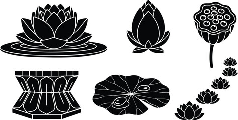 Obraz premium Flat design close up lotus icon set showing lotus flower bud seed pod leaf and decorative pedestal arranged on white background simple silhouette calm zen motif