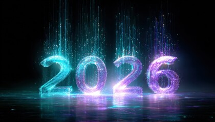Glowing digital numerals representing the upcoming year two thousand twenty six emerge from a dark, particle-filled atmosphere