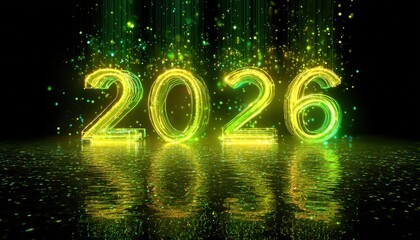 Glowing numerals representing the upcoming year two thousand twenty six shine brightly above a wet surface