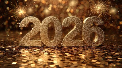 Three dimensional glittering golden digits display the year two thousand twenty six against a celebratory background