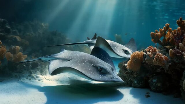 Scuba divers encounter friendly sting rays swimming gracefully in crystal clear water surrounded by vibrant coral reefs during a sunny day