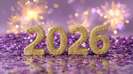 Glittering gold numerals representing the year 2026 shine against a backdrop of purple confetti and bright lights.