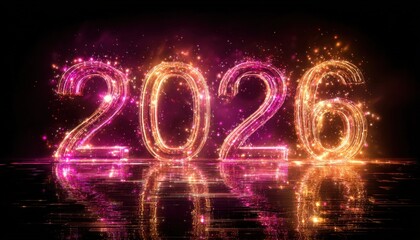 Brilliant luminous numbers representing the year two thousand twenty six glow with vibrant colors