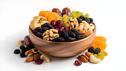 Dried Dates in Wooden Bowl Isolated on White Background
