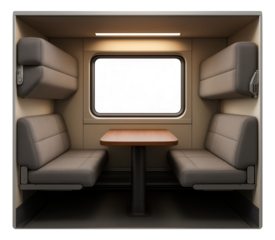 Railway compartment featuring foldable beds and a space-saving table.