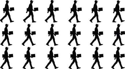 Delivery man silhouettes walking with package isolated on white background representing logistics courier service transportation workforce pattern design