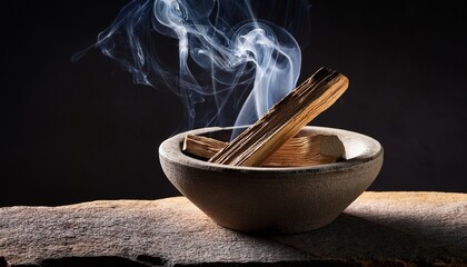 incense smoke rising from burning palo santo wood in stone bowl