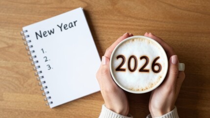 Hands holding cup of coffee with 2026 on foam beside notebook with New Year written on cover