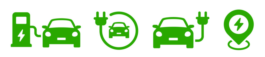 Electric car charging icon set. EV station, plug, socket, hybrid car, green electric car with plug symbol on white background - stock vector.