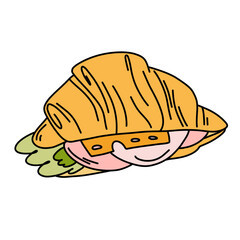 A fragrant croissant, sliced and stuffed with ham and cheese, on crisp greens. German breakfast.