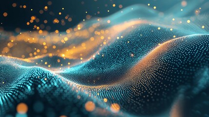 Stunning abstract wave of glowing digital particles flows dynamically across a dark background with vibrant bokeh light