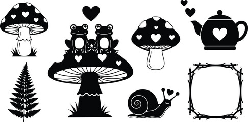 Flat design close up whimsical mushroom and frog icon set with teapot snail fern and heart motifs hand drawn silhouette style for craft print stickers projects