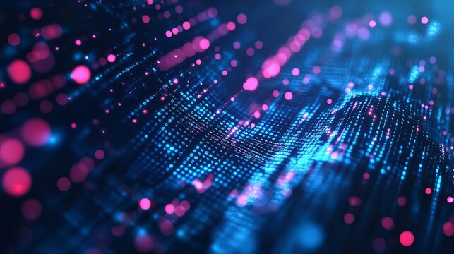 Stunning abstract digital data stream flows dynamically with vibrant blue and magenta bokeh lights for tech backgrounds - Powered by Adobe