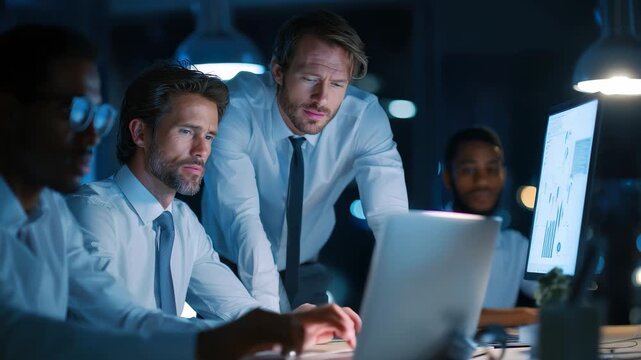 Training business interns while learning about computer skills in a modern office environment during the evening