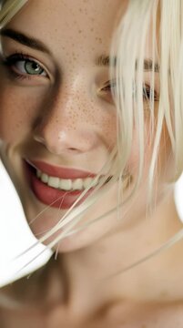 Primer plano de una joven con ojos verdes intensos y labios rojos.