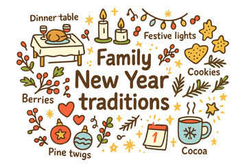 Family Festive Doodles. Family New Year traditions. Hand-drawn doodle illustration of Family New Year