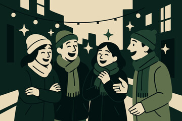 Obraz premium Joyful Winter Gathering. street gathering. Friends wrap scarves tight while sharing jokes under twinkling