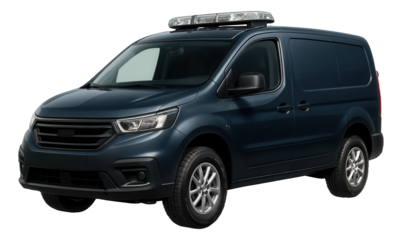 Compact service vehicle featuring rooftop lights and a sturdy bumper.