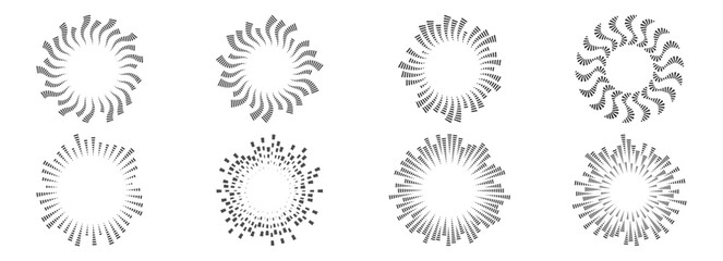Circular sound wave made of dotted lines. Audio equalizer ring, radial frequency pattern for music, radio and voice visualization. Round sound icon set. Vector design.